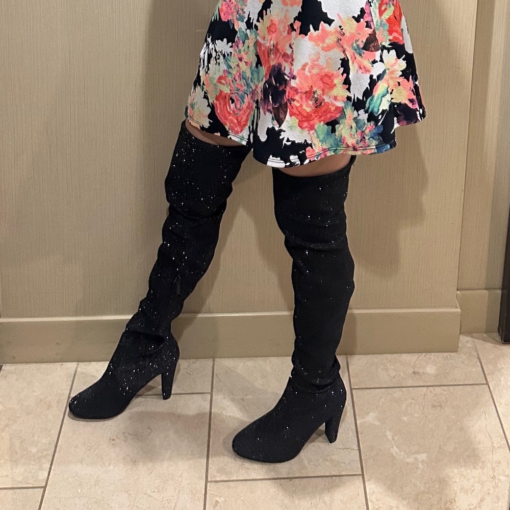 Black glitter thigh-high boots